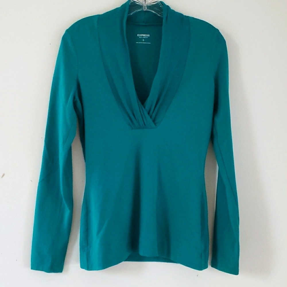 Express Womens Sexy Stretch Long V-Neck Long Knit Long Sleeve Green Top, Size S
